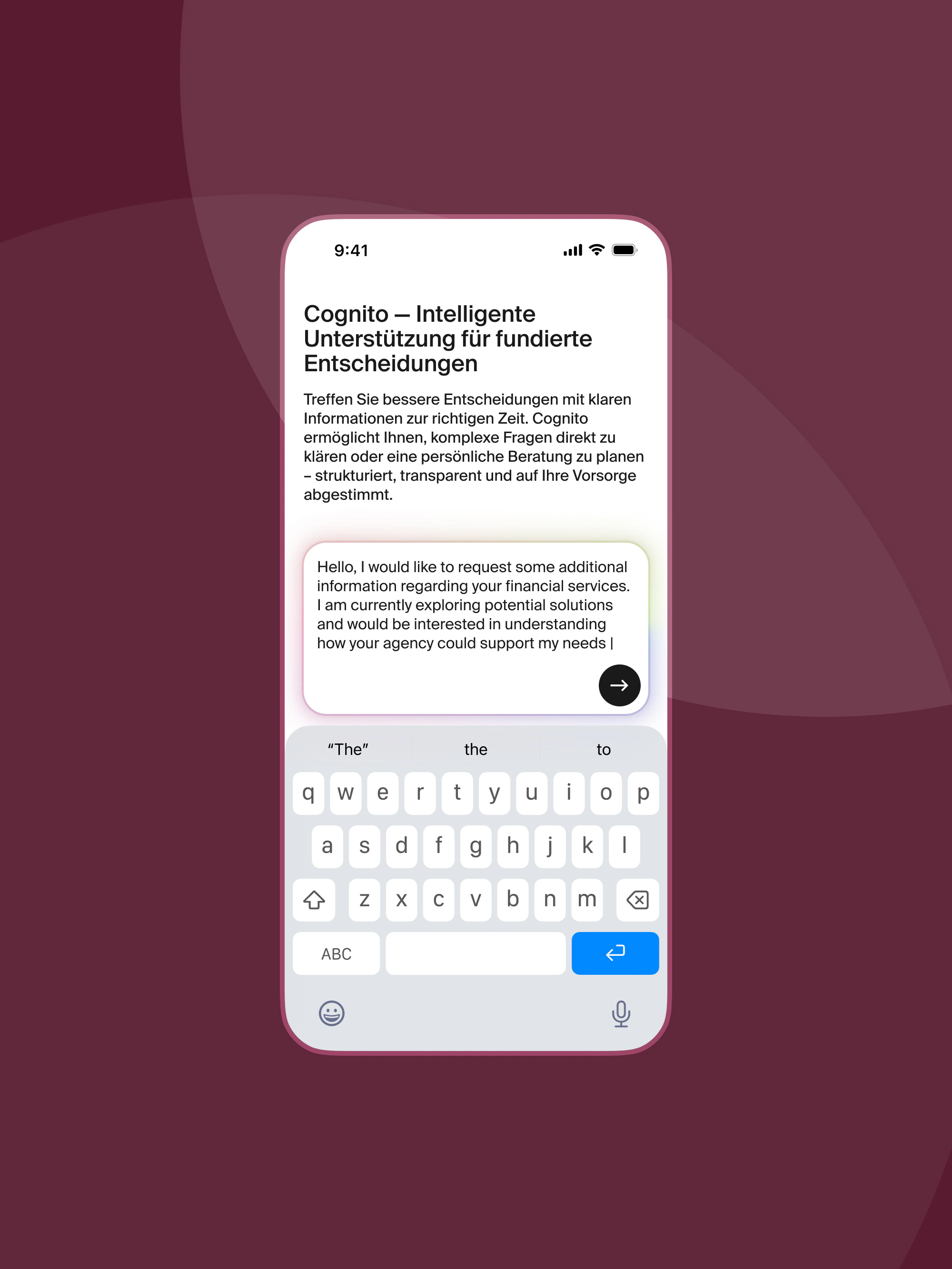 Cognito mobile assistant on phone with German headline, chat field, and keyboard